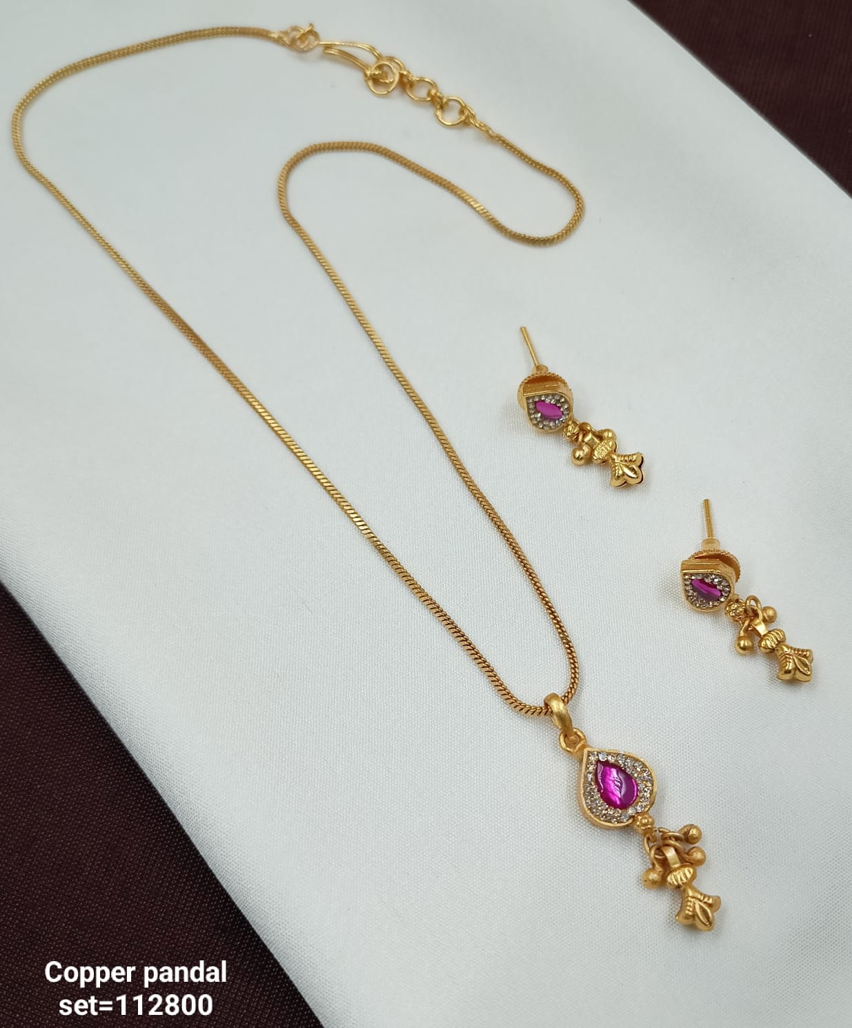 Traditional CZ Gold Plated Copper Pendant Set For Woman & Girls
